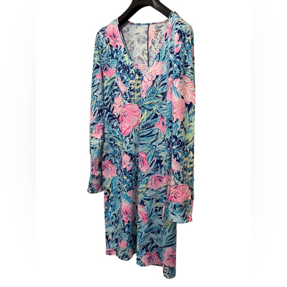 Lilly Pulitzer GUC Size M Classic Lilly Pink & Blue Long Sleeve Dress (0620) - Picture 3 of 12